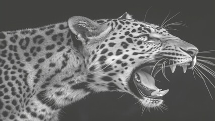 Obraz premium A vibrant and intense closeup of a leopard, its mouth agape in a fierce roar, showcasing its sharp teeth and powerful jaws, with a colorful gradient effect