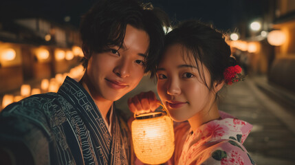 Capturing Memories A Young Couple's Lantern-Lit Romance at Usuki Takeyoi, Japan, Embracing Cultural Charm and Shared Moments, Amidst the Festival's Glow
