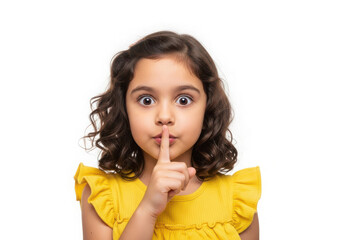Young girl making shushing gesture with finger over lips