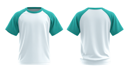 Front and back view of a light-teal raglan-sleeved, white t-shirt