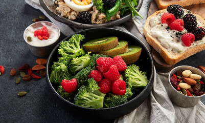 Breakfast superfoods, vegetarian food concept. Healthy lifestyle.