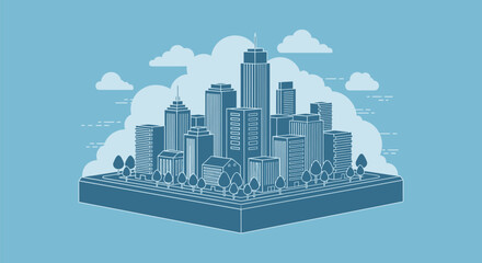 Fototapeta premium Modern city skyline with futuristic architecture and fluffy clouds, symbolizing urban growth and progress.