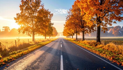 Fototapeta premium Empty Asphalt Road Lined With Autumn Trees Glowing in Golden Hour Sunlight with Morning Mist Rising Over Fields