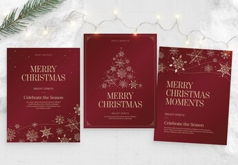 Christmas Flyer Template for Invites & Greetings Cards with Snowflakes & Tree in Luxury Red & Gold