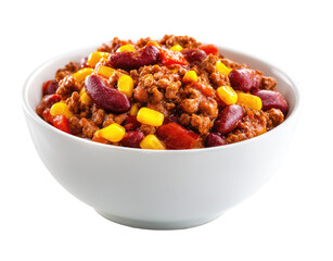 Hearty chili in white bowl