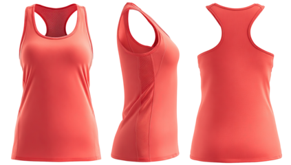Coral-colored women's tank top, three-view render