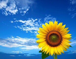 Vivid sunflower against a brilliant blue sky with fluffy white clouds