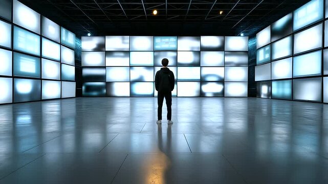 Distant back view of solitary figure dwarfed by massive wall of glowing command screens, with copy space