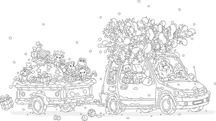 Santa driving his funny car with a fir tree and a trailer full of Christmas gifts, sweets and toys through snowfall on a winter road, black and white vector cartoon illustration