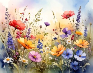 Watercolor painting of a vibrant wildflower meadow, sunny and colorful