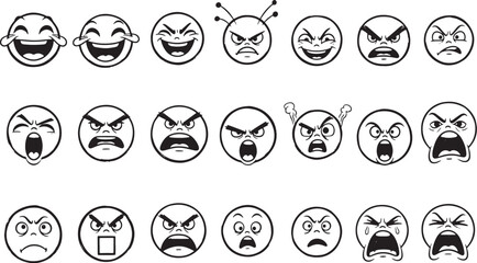 Assortment of hand drawn black and white cartoon emoji faces showing diverse emotions on white
