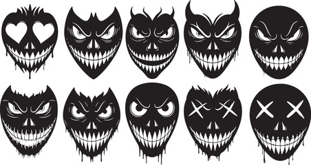 Assortment of ten black stylized heart shaped monster faces with creepy features on a white