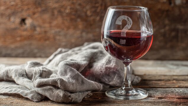 A glass of red wine with a question mark etched on the glass, sits beside a linen cloth on a rustic wooden surface