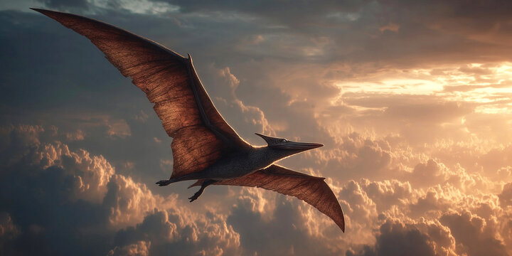 Majestic pterodactyl soaring over primeval mountains at sunset