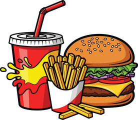 Colorful cartoon illustration of a classic fast food meal featuring a cheeseburger french fries