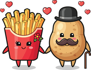 Cute potato and french fries characters holding hands with hearts above cartoon