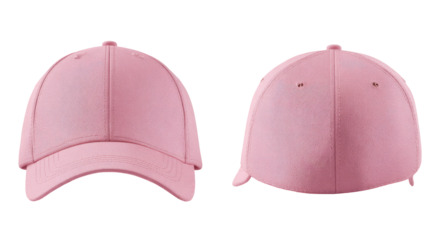 Two views of a soft, light pink baseball cap