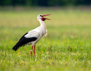 White bird with black wings and red beak stands in a grassy field
