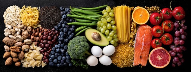 Colorful array of diverse foods on a dark surface
