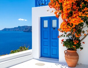 Whitewashed building with blue door and vibrant orange flowers near water