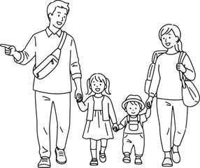 Family walking together holding hands with backpacks parents children
