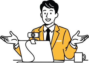 Man in yellow suit gesturing while presenting at a laptop with webcam business presentation