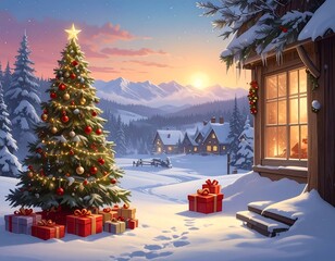 Winter scene with Christmas tree, snow-covered home, presents, and sunset