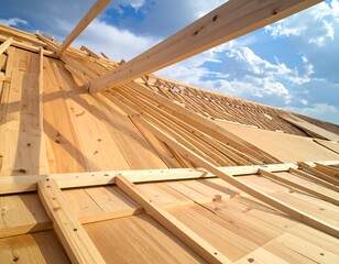 Wooden roof construction with beams and planks under a partly cloudy sky