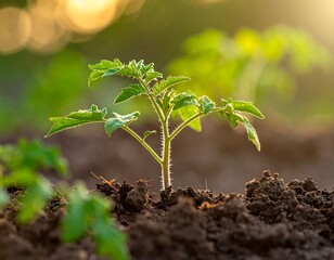 Young tomato plant emerging from dark soil with sunlight
