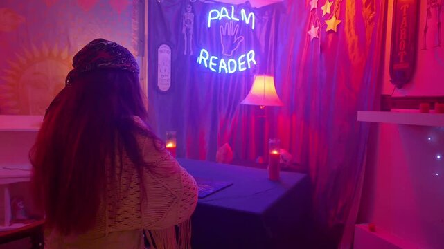 The interior of a psychic palm reader, fortune teller room, with a gypsy woman conducting a seance using a Ouija board. With neon lights, candles and various spiritual materials. Slider shot.