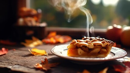 A freshly baked apple pie sits on a rustic wooden table, steaming gently, surrounded by vibrant autumn leaves and apples, with a warm, cozy atmosphere in a sunlit kitchen - Powered by Adobe