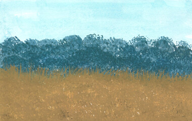 Acrylic painting nature background of blue forest with dry grassland and blue sky. Illustration for autumn and summer. Copy space for the text. Hand painted texture style on paper. impressionism art.