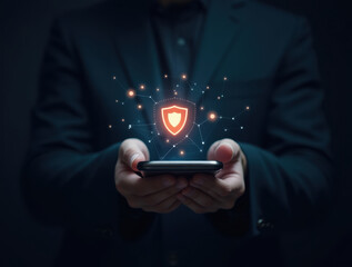 A close-up of a person using a secure smartphone app with a digital shield icon, representing mobile security and data privacy.