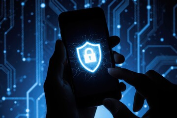 A close-up of a person using a secure smartphone app with a digital shield icon, representing mobile security and data privacy.