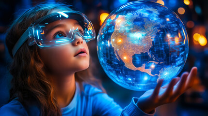 A girl wearing VR glasses interacts with a holographic globe. Generative Ai.