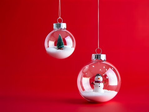 Hanging Christmas Baubles with Snowman and Miniature Pine Tree on Red Background - Powered by Adobe