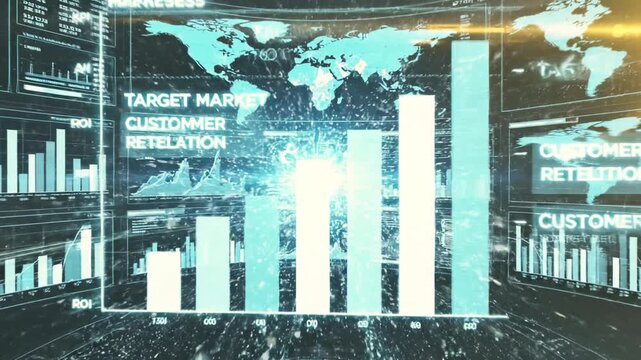 Futuristic data visualization with globes, world maps, charts, bars, and glowing light effects