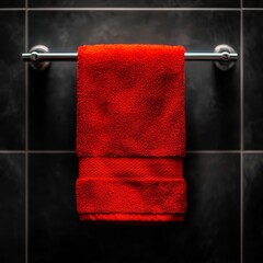 Luxurious vibrant red towel hangs on sleek modern chrome bar against dark tiled wall creating a spa like atmosphere of comfort and cleanliness