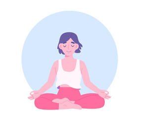 Calm woman practicing meditation for mental health. Yoga for self-awareness and peaceful mind. Flat vector illustration.