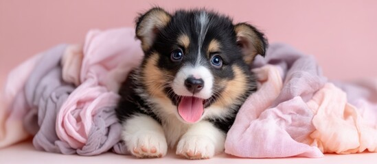 Adorable Tricolor Corgi Puppy Wrapped in Soft Pink Blankets.