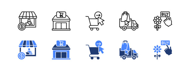 Merchant, Storefront, Checkout, Delivery, Buy with two styles, line and duotone icon.
