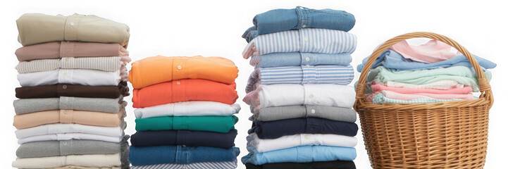 Stack of clean clothes and Wicker basket with clean laundry isolated on transparent background.