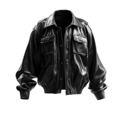 Black faux leather jacket, buttoned open, relaxed fit