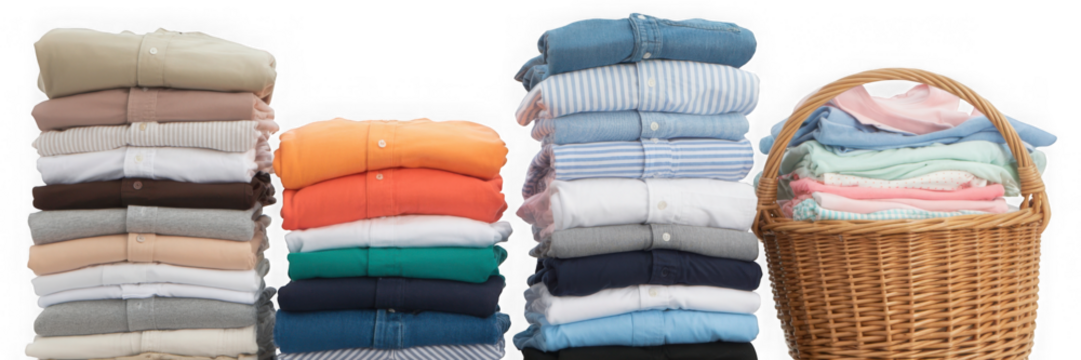 Stack of clean clothes and Wicker basket with clean laundry isolated on transparent background.