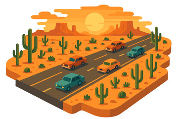 Naklejka premium Vintage desert highway scene with cars at sunset and cacti