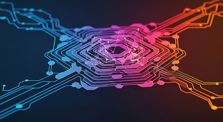 Vibrant digital network connections pulse with innovation, representing futuristic data transfer and complex technological systems.