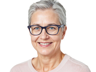 Fototapeta premium Smiling woman with short gray hair and glasses poses confidently against a white background