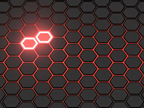 Glowing red hexagons illuminate a dark, futuristic honeycomb pattern creating dynamic energy and innovation for technology backgrounds