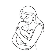 Mother Hugging Baby Line Art – Minimalist Mom and Child Illustration, Tender Motherhood Vector Drawing, Family Love Design