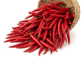 Fototapeta premium Pile of red chili peppers spilling out of a wicker basket on white